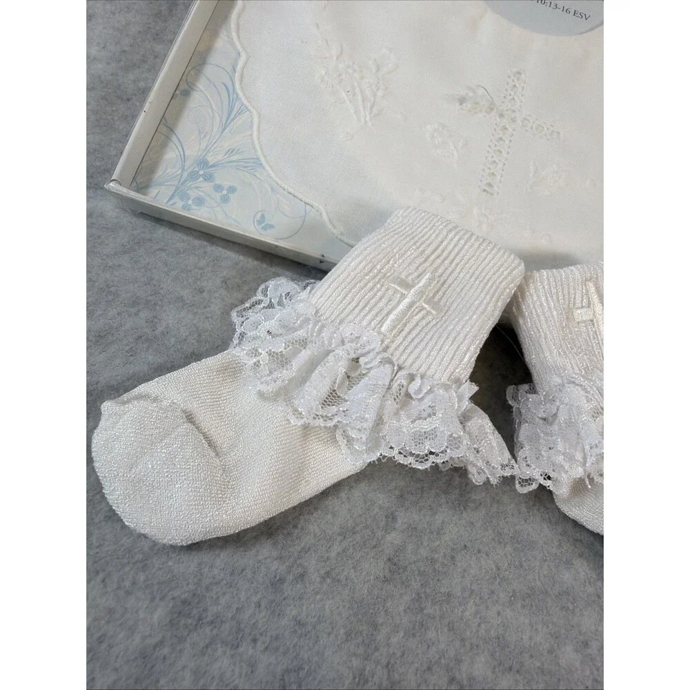 Baby White Christening Baptism Bib & Socks Set Lace Trim Embroidered Cross Gift